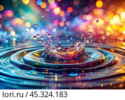 Abstract background. A bright colorful whirlpool of multicolored paints, splash, splash. Bubbles and drops of water. Стоковое AI-изображение, AI-художник Photojuli / Фотобанк Лори
