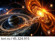 An image of a magnetic storm, a solar flare covering the earth, the sun, the globe. Feeling unwell. Solar radiation. Стоковое AI-изображение, AI-художник Photojuli / Фотобанк Лори