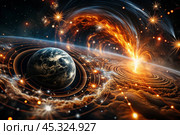 An image of a magnetic storm, a solar flare covering the earth, the sun, the globe. Feeling unwell. Solar radiation. Стоковое AI-изображение, AI-художник Photojuli / Фотобанк Лори