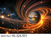 An image of a magnetic storm, a solar flare covering the earth, the sun, the globe. Feeling unwell. Solar radiation. Стоковое AI-изображение, AI-художник Photojuli / Фотобанк Лори