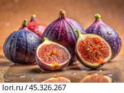There are a lot of figs with a delicate purple skin and in the cut. A frame showing the natural texture and color. Close-up of fruits. Стоковое AI-изображение, AI-художник Photojuli / Фотобанк Лори
