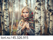 A beautiful girl in a traditional Russian folk shawl in a spring birch grove. The portrait symbolizes the traditions and beauty of the Russian people. Стоковое AI-изображение, AI-художник Photojuli / Фотобанк Лори
