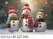 Three cheerful snowmen colorful wearing. Стоковое AI-изображение, AI-художник Михаил Коханчиков / Фотобанк Лори