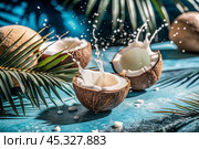 Splashes of coconut milk and palm leaves. Coconuts with a milky shade on a light background. A banner for sweets, spa cosmetics or body and face care creams. Стоковое AI-изображение, AI-художник Photojuli / Фотобанк Лори