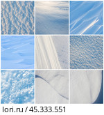 Set of snow textures. Collection of beautiful winter backgrounds with snowy ground. Natural textures of clean fresh flat snow and wind-sculpted patterns on the surface of the snow. Стоковое фото, фотограф Андрей Степанов / Фотобанк Лори