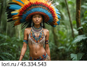 Amazonian Woman with feather headdress and detailed beadwork jewelry posing in natural jungle environment, showcasing traditional ethnic costume against verdant foliage. Стоковое AI-изображение, AI-художник Павел Муравьев / Фотобанк Лори