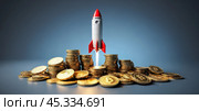 Rocket launch from coin stack on blue background symbolizing explosive financial growth, cryptocurrency investment success, and dynamic income increase. Стоковое AI-изображение, AI-художник Павел Муравьев / Фотобанк Лори