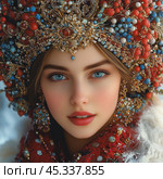 Beautiful woman adorned with an intricate traditional headdress, showcasing vibrant colors and stunning blue eyes. Стоковое AI-изображение, AI-художник Елена Зубкова / Фотобанк Лори