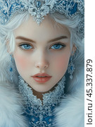 Enchanting portrait of a young woman in a blue gown adorned with intricate designs and sparkling jewelry. Стоковое AI-изображение, AI-художник Елена Зубкова / Фотобанк Лори