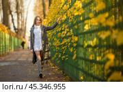 Beautiful young woman walks along the alley of the autumn park. Attractive woman with light brown hair near a green fence. Pretty woman in a gray coat. Colorful yellow foliage. Fall season. Autumn mood. Стоковое фото, фотограф Андрей Степанов / Фотобанк Лори