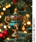 Pot-bellied Tula samovar, bright Christmas tree toy. New Year's decor. Festive New Year's atmosphere. Стоковое AI-изображение, AI-художник Сергей Елизарьев / Фотобанк Лори