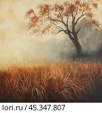 A lonely tree with red and orange leaves against the background of fog, surrounded by dry grass of warm autumn shades. The atmosphere of the picture creates the feeling of an autumn morning, when the fog is just beginning to dissipate, and the trees and plants are awakening to a new day. The picture looks melancholic, filled with warmth and tranquility, symbolizing the change of seasons and the beauty of nature in its solitude. Стоковое AI-изображение, AI-художник Анна Кривицкая / Фотобанк Лори