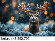 Deer with branchy antlers decorated with bright orange berries and covered with frost. Snowy branches in the foreground and soft background with lights create a fabulous winter atmosphere. This image perfectly conveys the festive mood, is associated with Christmas and winter motifs, adding magic and coziness. Стоковое AI-изображение, AI-художник Анна Кривицкая / Фотобанк Лори