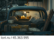 Old car turned into a temporary home. Homelessness, houselessness concept, house for homeless person, houseless. car home. Стоковое AI-изображение, AI-художник 123 12 / Фотобанк Лори