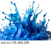 An artistic display of vibrant blue liquid splashing mid-air, creating dynamic waves and droplets in a visually captivating composition. Стоковое AI-изображение, AI-художник Ольга Игнашина / Фотобанк Лори