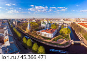 Aerial top view to St. Nicholas Naval Sea Cathedral. Panorama of evening historical city center - Semimostye. Orthodox church located on banks of Kryukov and Griboyedov canal. Saint Petersburg. Russia (2021 год). Стоковое фото, фотограф Алексей Ширманов / Фотобанк Лори