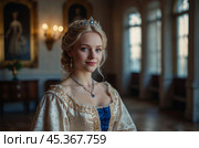 A beautiful blonde girl in a 19th century dress in an old palace. Стоковое AI-изображение, AI-художник Александр Поташев / Фотобанк Лори