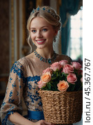 A beautiful blonde girl in a 19th century dress in an old palace. Стоковое AI-изображение, AI-художник Александр Поташев / Фотобанк Лори