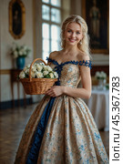 A beautiful blonde girl in a 19th century dress in an old palace. Стоковое AI-изображение, AI-художник Александр Поташев / Фотобанк Лори
