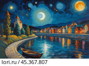 A moonlit night over the river in the Kandinsky style. Fantasies on the theme of Kandinsky's paintings. Стоковое AI-изображение, AI-художник Александр Поташев / Фотобанк Лори