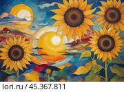 Sunflowers in the sun in the Kandinsky style. Fantasies on the theme of Kandinsky's paintings. Стоковое AI-изображение, AI-художник Александр Поташев / Фотобанк Лори