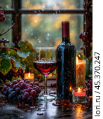 A bottle of wine, a glass, bunches of dark grapes on a wooden table. Rain. Autumn mood. Still life. Стоковое AI-изображение, AI-художник Сергей Елизарьев / Фотобанк Лори