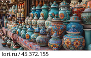 Souvenirs on the market. Old Arabic bazaar shopping in outdoor market. Travel and vacation concept. Slow motion footage. Стоковое AI-видео, аниматор Ирина Михайличенко / Фотобанк Лори