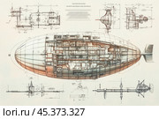 Vintage zeppelin blueprint showing detailed structure and design. Стоковое AI-изображение, AI-художник Юрий Поздников / Фотобанк Лори