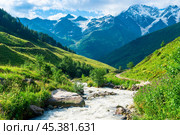 Beautiful mountain landscape in the valley of the stormy clean river Terskol with a view of the glacier "Semerka". Caucasus, Elbrus region. Стоковое фото, фотограф Константин Лабунский / Фотобанк Лори