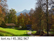 Old traditional wooden houses in open air museum Ballenberg in autumn. View of the snow-capped Alps. Canton of Bern, Switzerland. Стоковое фото, фотограф Bala-Kate / Фотобанк Лори