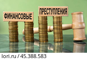 ФИНАНСОВЫЕ ПРЕСТУПЛЕНИЯ - слова на деревянном бруске со стопкой монет и молотка судьи. Стоковое фото, фотограф Жанна Гапанович / Фотобанк Лори