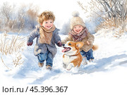 Веселые дети гуляют и играют с собакой, солнечный зимний день. Стоковое AI-изображение, AI-художник Щеголева Ольга / Фотобанк Лори