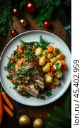Изысканное утиное конфи с жареными овощами и праздничным гарниром для кулинарного вдохновения. Стоковое AI-изображение, AI-художник ФотоИнтеллект / Фотобанк Лори