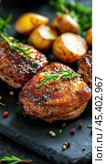 Изысканная утиная ножка-конфи с хрустящей корочкой и жареным картофелем для изысканного ужина. Стоковое AI-изображение, AI-художник ФотоИнтеллект / Фотобанк Лори