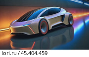 Futuristic car with sleek lines and glowing accents driving through a neon-lit tunnel, showcasing modern automotive design. Стоковое AI-видео, аниматор Ольга Сухарева / Фотобанк Лори