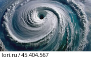 A massive hurricane from space shows nature's fierce power over Earth. The eye of the storm looms large, surrounded by swirling cloud bands. Panorama with copy space. Стоковое AI-видео, аниматор Ольга Сухарева / Фотобанк Лори