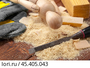 blade of sharp chisels with sawdust. Стоковое фото, фотограф Сергей Толмачёв / Фотобанк Лори