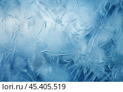 An abstract background showcasing the textures and patterns of frost on a windowpane, with icy blue tones. Стоковое AI-изображение, AI-художник Михаил Строгалев / Фотобанк Лори