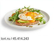 Avocado toast with poached egg, arugula, and seeds on seeded bread. Healthy breakfast concept. Стоковое AI-изображение, AI-художник Башкирова Анна / Фотобанк Лори