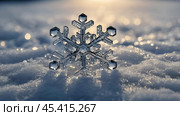 Background with snow and an icy snowflake. Beautiful ice crystals during frosts. Close-up macro photography of snowflake patterns. Snowflakes in close-up. Winter nature. Low depth of field. Стоковое AI-изображение, AI-художник Photojuli / Фотобанк Лори