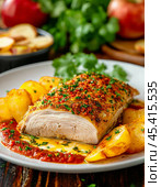 Chicken fillet fried with pepper. Enjoy your meal! Стоковое AI-изображение, AI-художник Сергей Елизарьев / Фотобанк Лори