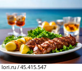 Delicious shashlik on skewers against the backdrop of the sea. Beautiful nature. Стоковое AI-изображение, AI-художник Сергей Елизарьев / Фотобанк Лори