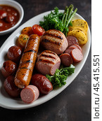 Sausages - November 13th every year - birthday! It was on this day in 1805 that Johann Laner created the first sausage and called it "Viennese". Enjoy your meal! Стоковое AI-изображение, AI-художник Сергей Елизарьев / Фотобанк Лори