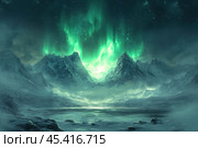A majestic northern landscape with snow-capped mountains, over which the bright green northern lights spread. The shimmering lights of the aurora create a mystical atmosphere and illuminate the snow-capped mountain peaks, emphasizing their severe beauty and monumentality. The dark sky, strewn with stars, completes the picture, creating a feeling of being in a wild and inaccessible place, filled with natural grandeur and mystery. Стоковое AI-изображение, AI-художник Анна Кривицкая / Фотобанк Лори