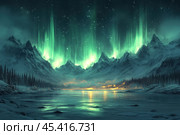 The photograph captures the majestic spectacle of the Northern Lights, which illuminate the sky above snow-capped mountain peaks and dense forest. The bright green rays of light create a mystical atmosphere, reflecting on the calm water surface of a river or lake running through the winter landscape. Lights are visible in the distance, perhaps from a campfire or a settlement, giving the picture a mysterious and magical look, contrasting with the coldness of the surrounding snowy silence. Стоковое AI-изображение, AI-художник Анна Кривицкая / Фотобанк Лори