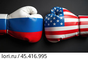 Боксерские перчатки в цветах флагов России и США. Концепция противостояния государств. Стоковое AI-изображение, AI-художник Илья Старков / Фотобанк Лори