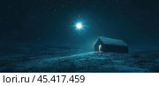 Night, shrouded in mystery, in which a bright star shines, illuminating the humble stable where the Savior was born. scene full of spirituality and miracle. Стоковое AI-изображение, AI-художник Ярославский Максим / Фотобанк Лори