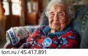 Elderly Woman With "I Voted" Badge. Стоковое AI-изображение, AI-художник Решат Алиев / Фотобанк Лори
