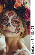 Woman wearing calavera makeup for day of the dead celebration. Стоковое AI-видео, аниматор Юрий Поздников / Фотобанк Лори
