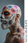 Tattooed mature man with catrin makeup celebrating day of the dead. Стоковое AI-видео, аниматор Юрий Поздников / Фотобанк Лори